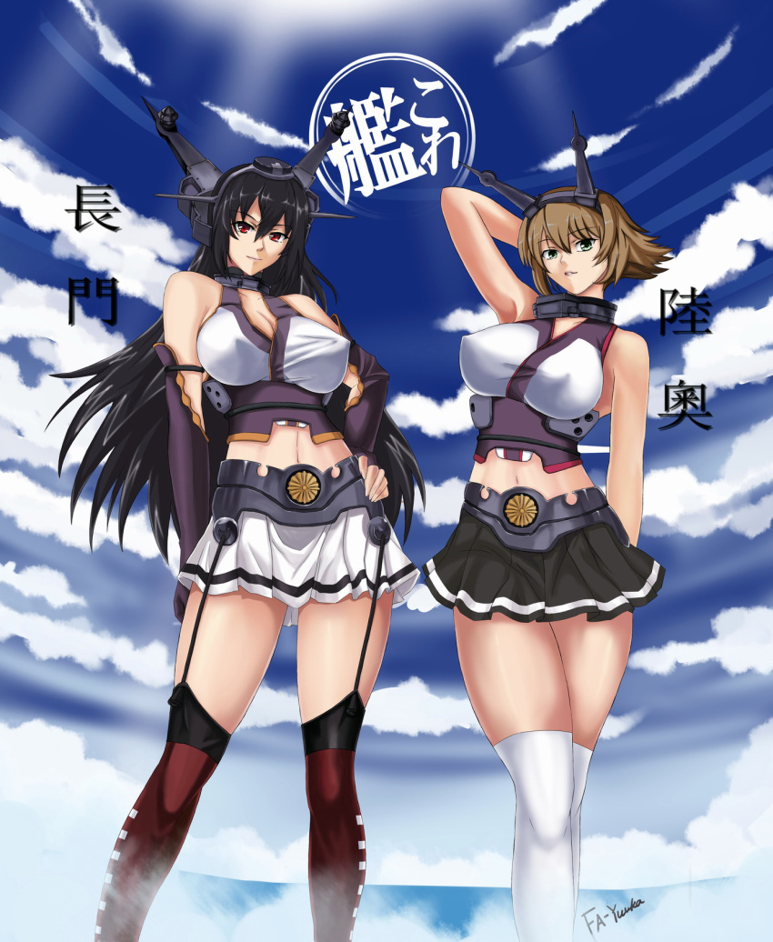 2girls bare_shoulders black_hair blush breasts brown_hair clouds elbow_gloves gloves green_eyes headgear highres kantai_collection large_breasts long_hair looking_at_viewer midriff multiple_girls mutsu_(kantai_collection) nagato_(kantai_collection) navel personification red_eyes short_hair sky soukou_sama_shugyouchuu thighhighs