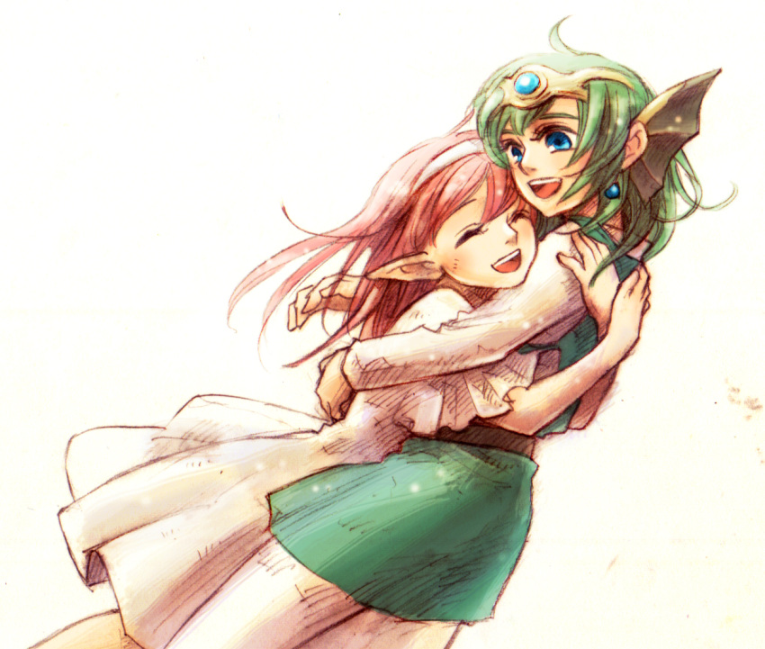 1boy 1girl :d blue_eyes blush closed_eyes cynthia_(dq4) dragon_quest dragon_quest_iv dress earrings elf green_hair helmet hero_(dq4) hug jewelry long_hair open_mouth pink_hair pointy_ears rio-sout simple_background smile white_background