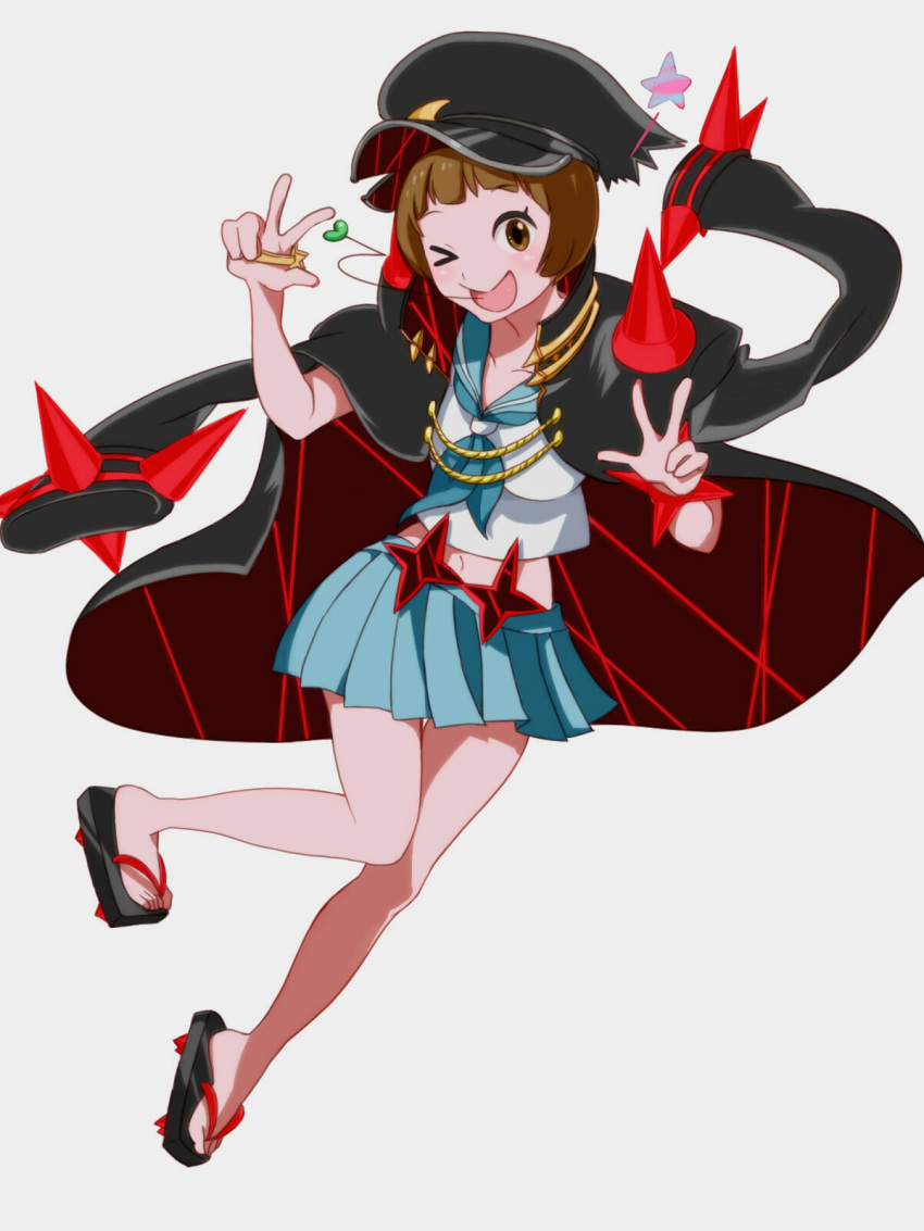 1girl banchou brown_eyes brown_hair coat_on_shoulders double_v hat highres kill_la_kill mankanshoku_mako sandals school_uniform serafuku skirt solo spikes tkg0705 v wink