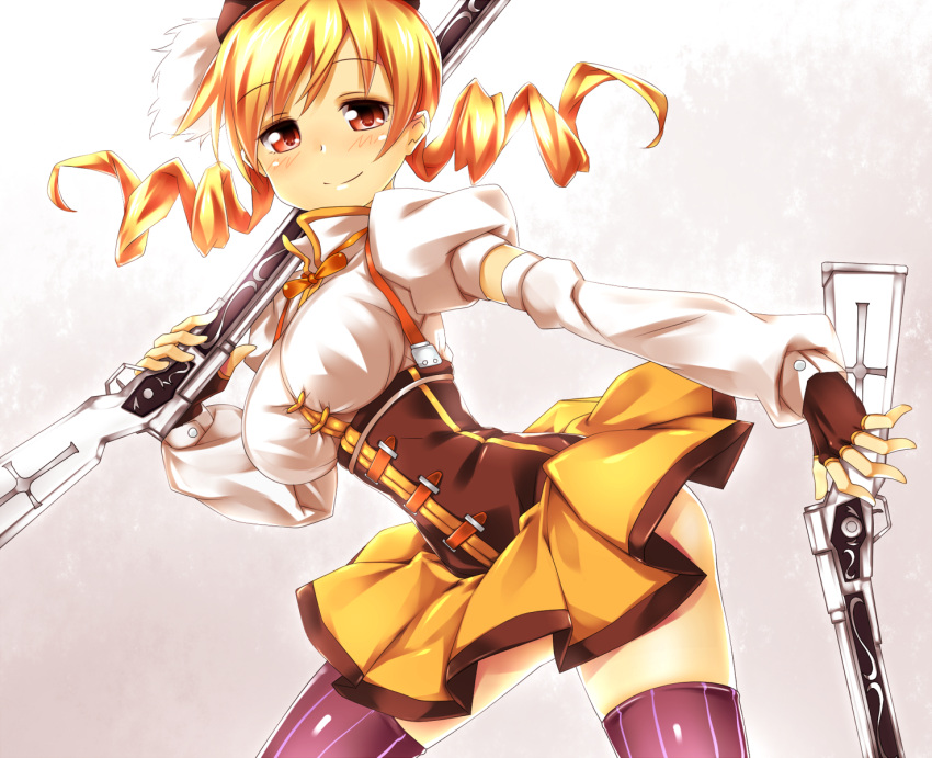1girl beret blonde_hair corset detached_sleeves drill_hair dual_wielding fingerless_gloves gloves gun hat highres keikotsu long_hair magical_girl magical_musket mahou_shoujo_madoka_magica pleated_skirt puffy_sleeves red_eyes skirt smile solo striped striped_legwear thighhighs tomoe_mami twin_drills twintails vertical-striped_legwear vertical_stripes weapon