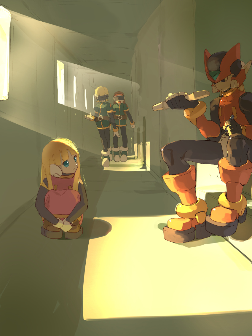 1boy 3girls absurdres alouette_(mega_man) armor black_eyes blonde_hair blue_eyes brown_hair commentary_request dress expressionless forehead_jewel hallway head-mounted_display helmet highres hilt_only holding holding_screwdriver hugging_own_legs indoors joan_(mega_man) legs_folded legs_together light_rays looking_at_another mega_man_(series) mega_man_zero_(series) multiple_girls omochi_(mochi_skymega) pink_dress red_armor red_helmet rouge_(mega_man) screwdriver sitting squatting sunbeam sunlight walking zero(z)_(mega_man) zero_(mega_man)