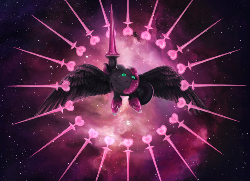 absurdres broken_mask commentary_request energy_spear galacta_knight green_eyes heart highres holding holding_shield horns kirby_(series) lance looking_at_viewer mask no_humans polearm shield solo star_(sky) stormbird221 super_kirby_clash tears weapon wings