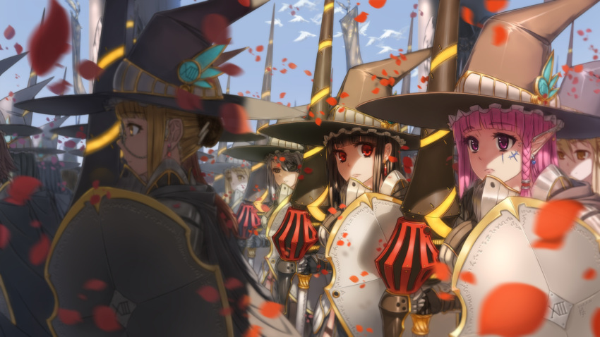 armor army banner bird black_hair blonde_hair dated ear_covers earrings eyepatch gauntlets hat highres jewelry lance looking_at_viewer monocle original petals pink_hair pointy_ears polearm qingmingtongzi red_eyes shield short_hair signature silver_hair weapon witch_hat yellow_eyes