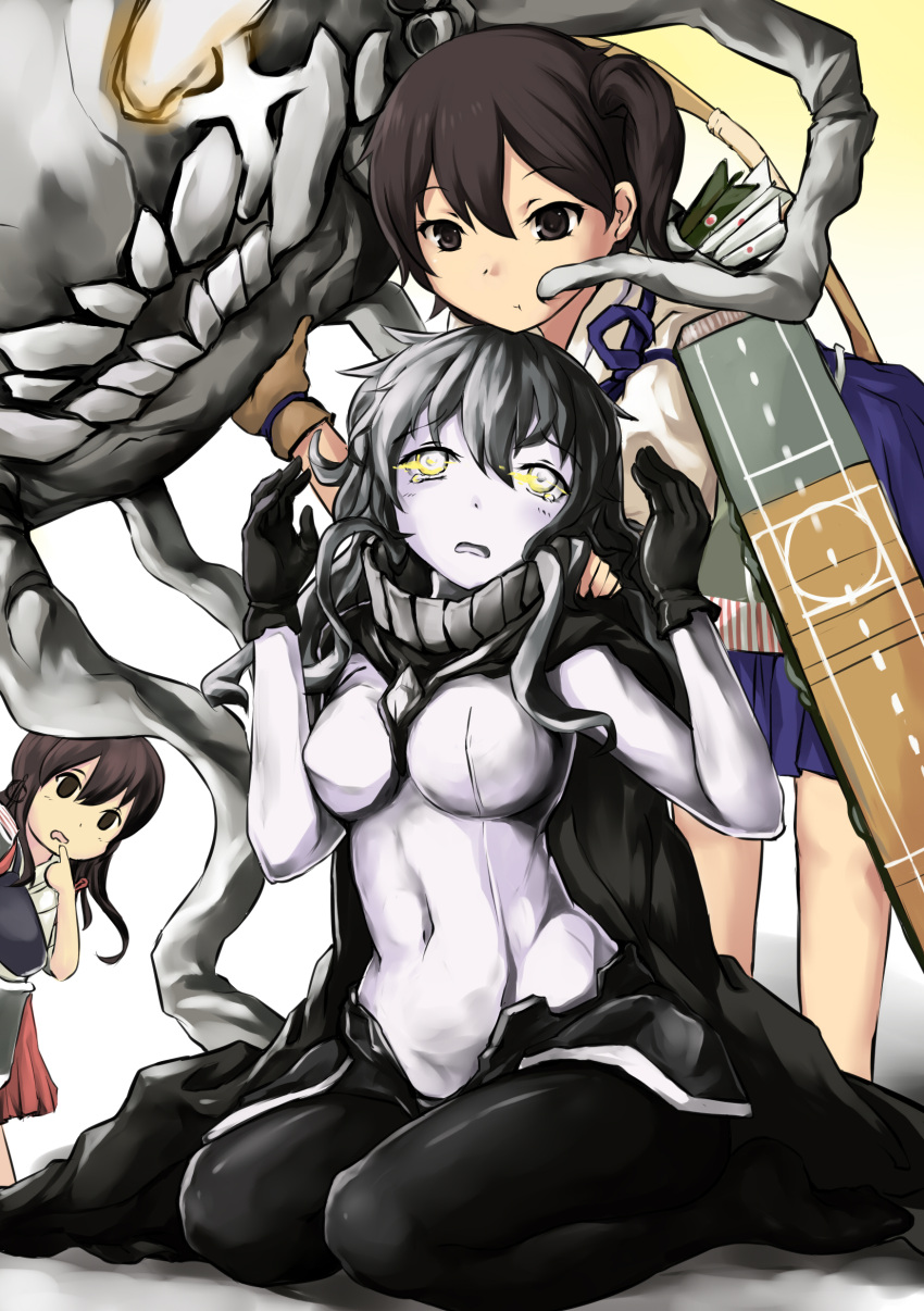 3girls absurdres akagi_(kantai_collection) armor black_gloves bodysuit breasts brown_eyes brown_hair gloves glowing glowing_eyes hat hat_removed headwear_removed highres kaga_(kantai_collection) kantai_collection lu_hao_liang monster_girl multiple_girls open_mouth personification side_ponytail silver_hair sitting tears wariza wavy_mouth wo-class_aircraft_carrier yellow_eyes