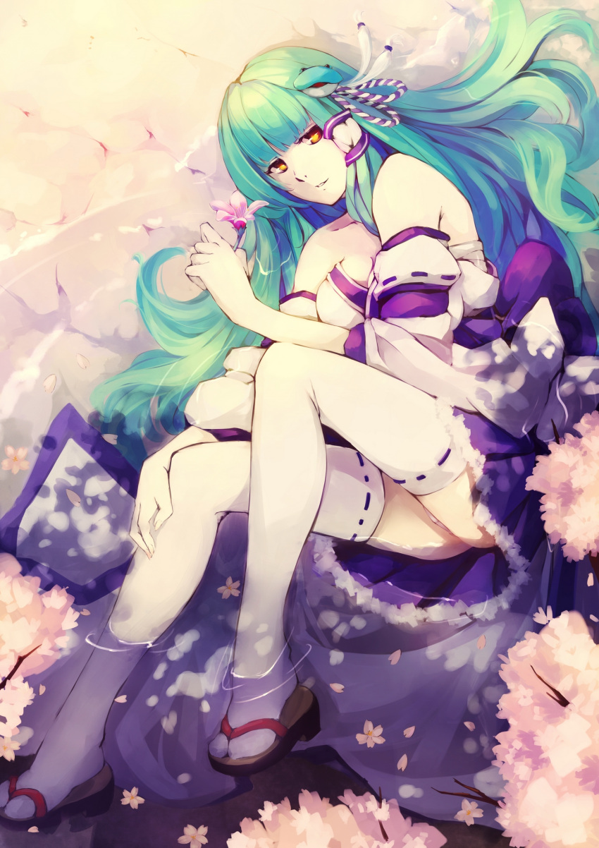 1girl adapted_costume breasts cleavage collarbone detached_sleeves flower frog_hair_ornament gloves green_hair hair_ornament hair_tubes highres holding kalalasan kochiya_sanae long_hair lying on_side panties parted_lips partially_submerged petals sandals sarashi skirt smile solo thighhighs touhou underwear white_gloves white_panties yellow_eyes