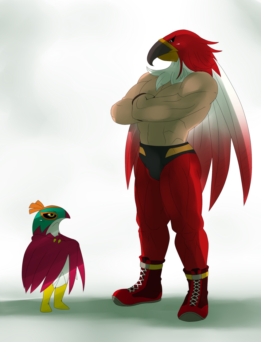 1boy absurdres animal_head black_sclera crossed_arms crossover eric_lowery feathered_wings feathers green_eyes griffon_mask hawlucha highres mark_of_the_wolves muscle pokemon pokemon_(creature) shirtless yellow_eyes