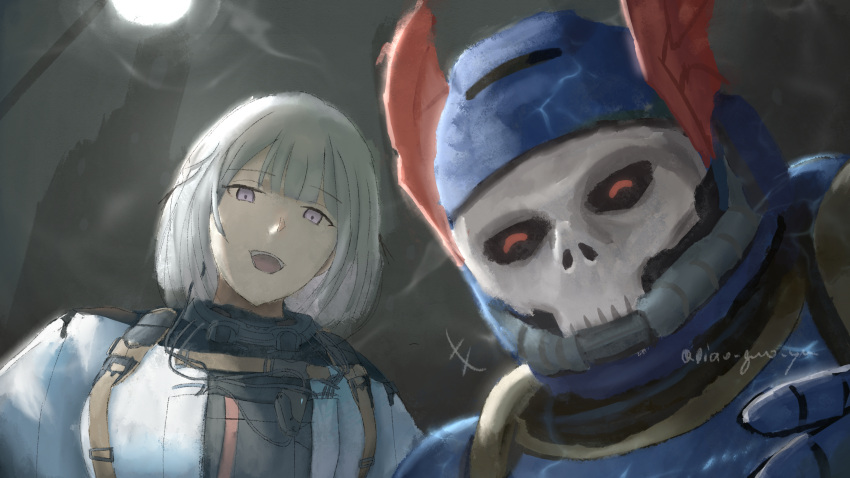 1boy 1girl absurdres adeptus_astartes armor blue_helmet chaos_space_marine commentary crossover diao_guo_yu east-west_crossover english_commentary from_below girls_frontline helmet highres indoors jacket looking_at_viewer looking_down night_lords open_mouth power_armor rpk-16_(girls'_frontline) short_hair teeth twitter_username upper_teeth_only violet_eyes warhammer_40k white_hair white_jacket winged_helmet