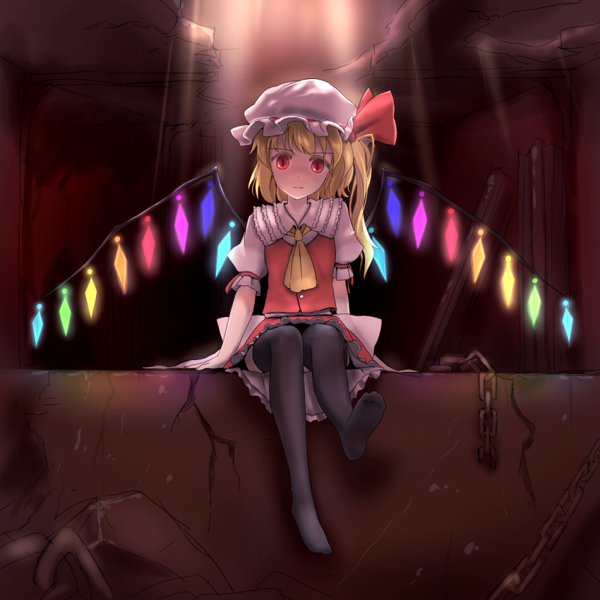 1girl ascot black_legwear blonde_hair blush chain crystal damaged flandre_scarlet hat highres minust puffy_sleeves red_eyes ribbon ruins short_hair side_ponytail skirt solo thigh-highs touhou vest wings
