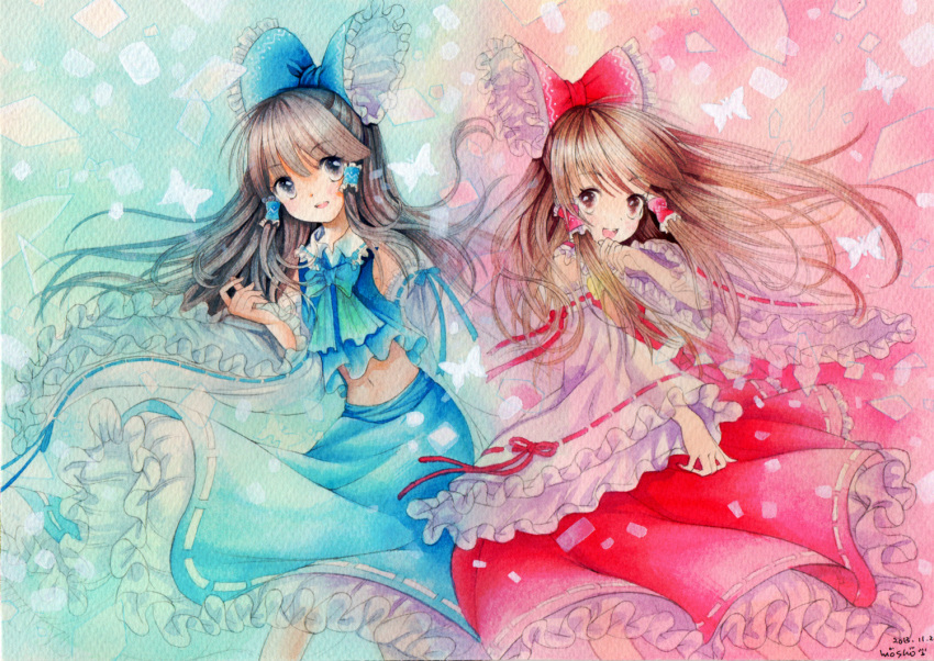 1girl alternate_color blue_eyes bow brown_eyes brown_hair butterfly colored_pencil_(medium) detached_sleeves dual_persona frills hair_bow hair_tubes hakurei_reimu hand_on_own_chin long_hair looking_at_viewer midriff mosho navel open_mouth parted_lips player_2 skirt skirt_set touhou traditional_media two-tone_background watercolor_(medium)