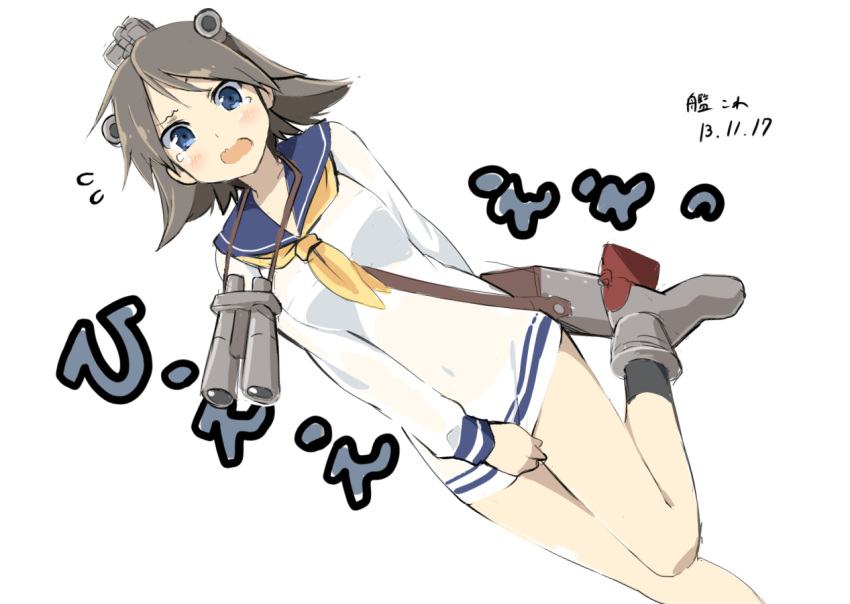 adjusting_clothes alternate_costume binoculars blue_eyes brown_hair crying crying_with_eyes_open hiei_(kantai_collection) kantai_collection looking_at_viewer open_mouth personification short_hair tears translated wara_(warapro) yukikaze_(kantai_collection) yukikaze_(kantai_collection)_(cosplay)