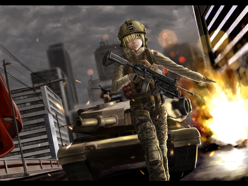 1girl absurdres assault_rifle battlefield_(series) battlefield_4 blonde_hair bulletproof_vest eotech gloves grenade_launcher gun hair_over_one_eye helmet highres hk416 knee_pads letterboxed m1_abrams magazine_(weapon) military military_vehicle original rifle short_hair soysoy68 tactical_clothes tank trigger_discipline vehicle weapon