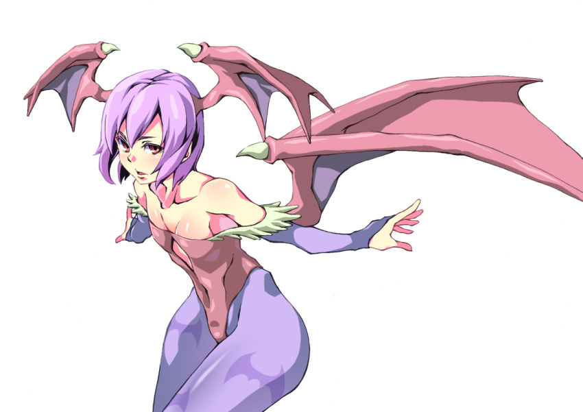 1girl bare_shoulders bat_print bridal_gauntlets clothed_navel demon_girl demon_wings flat_chest head_wings leotard lilith_aensland outstretched_arms pantyhose print_legwear purple_hair red_eyes solo succubus tell vampire_(game) wings