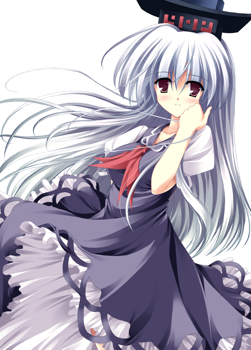 1girl absurdres artist_request bangs blue_dress blush dress floating_hair hat highres kamishirasawa_keine light_smile long_hair looking_at_viewer puffy_short_sleeves puffy_sleeves short_sleeves silver_hair solo source_request touhou violet_eyes white_background white_hair
