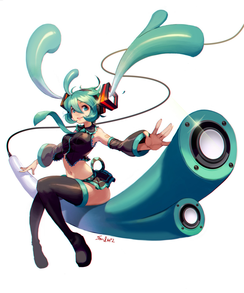 1girl aqua_eyes aqua_hair boots detached_sleeves floating_hair hatsune_miku highres long_hair midriff navel nawol necktie outstretched_arms sitting skirt solo spread_arms thigh_boots thighhighs twintails vocaloid white_background