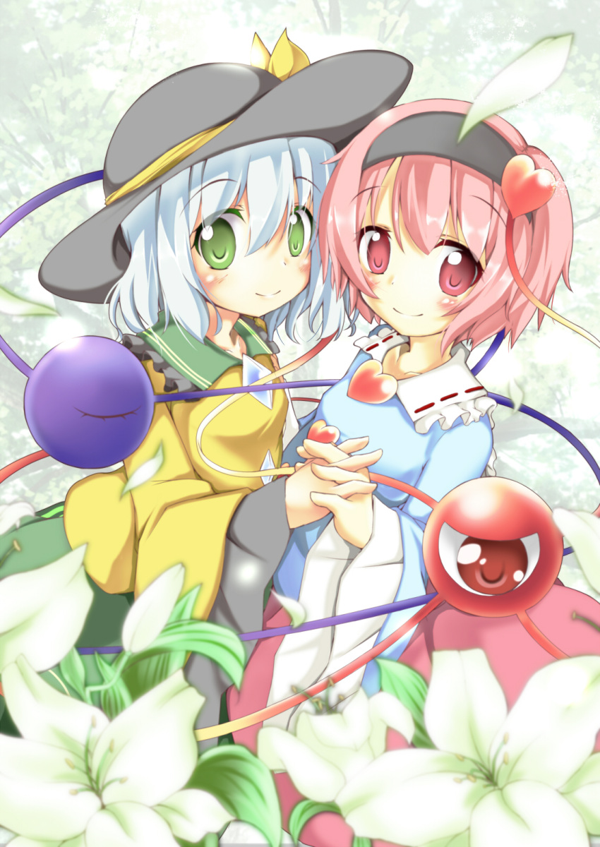 2girls blouse blue_hair blush flower green_eyes hat hat_ribbon head_to_head headband heart highres holding_hands interlocked_fingers komeiji_koishi komeiji_satori leaf leaf_background long_sleeves looking_at_viewer multiple_girls petals pia_(maple_carameru) pink_hair ribbon short_hair siblings sisters skirt smile third_eye touhou tree wide_sleeves