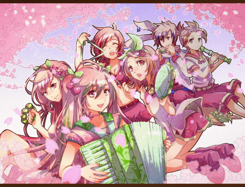 accordion bell belt boots bracelet cherry cherry_blossoms choker flower food fruit hair_flower hair_ornament hairclip harmonica hatsune_miku head_wreath highres instrument jewelry jingle_bell kagamine_len kagamine_rin kaito kneeling letterboxed megurine_luka meiko midriff open_mouth petals pink_eyes pink_hair recorder sakura_kaito sakura_len sakura_luka sakura_meiko sakura_miku sakura_rin shorts sitting stump sweatdrop tambourine triangle_(instrument) umimami vocaloid