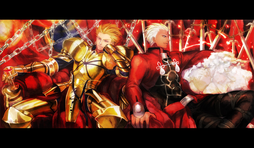 alcohol archer armor awa_suna blonde_hair chain couch dark_skin earrings fate/stay_night fate_(series) field_of_blades gilgamesh goblet jewelry letterboxed planted_sword planted_weapon red_eyes sword weapon white_hair wine