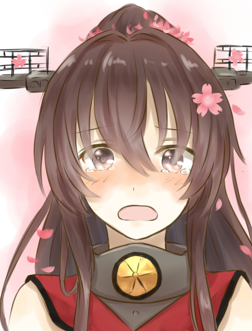1girl azure0608 brown_eyes brown_hair crying crying_with_eyes_open flower hair_flower hair_ornament highres kantai_collection long_hair looking_at_viewer personification ponytail solo tears yamato_(kantai_collection)