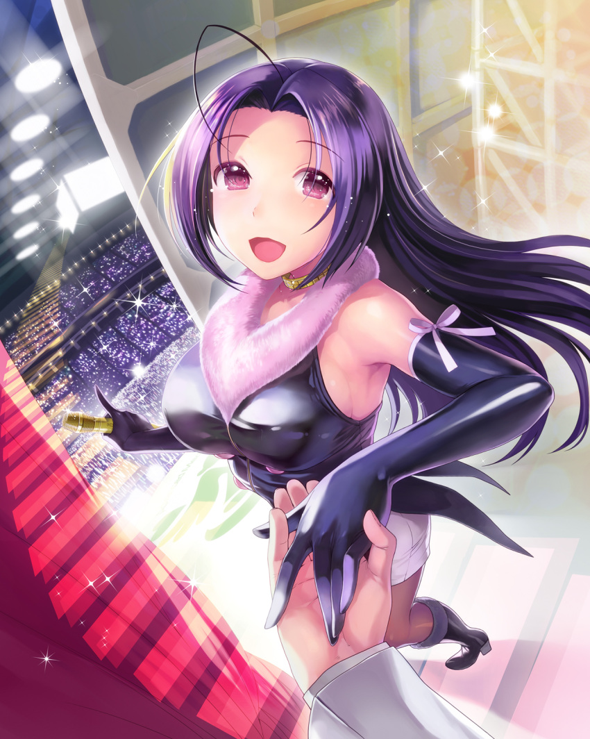 1girl ahoge bare_shoulders breasts elbow_gloves gloves highres holding_hands idolmaster jewelry looking_at_viewer microphone miura_azusa necklace nekomata_naomi pink_eyes pov purple_hair sideboob smile solo tears
