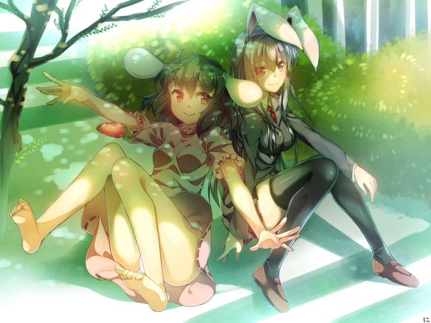 2girls animal_ears barefoot black_hair black_legwear blazer blue_hair highres inaba_tewi jewelry long_hair multiple_girls necktie niwashi_(yuyu) panties pantyshot pantyshot_(sitting) pendant rabbit_ears red_eyes reisen_udongein_inaba sitting thighhighs thighs touhou tree_shade underwear