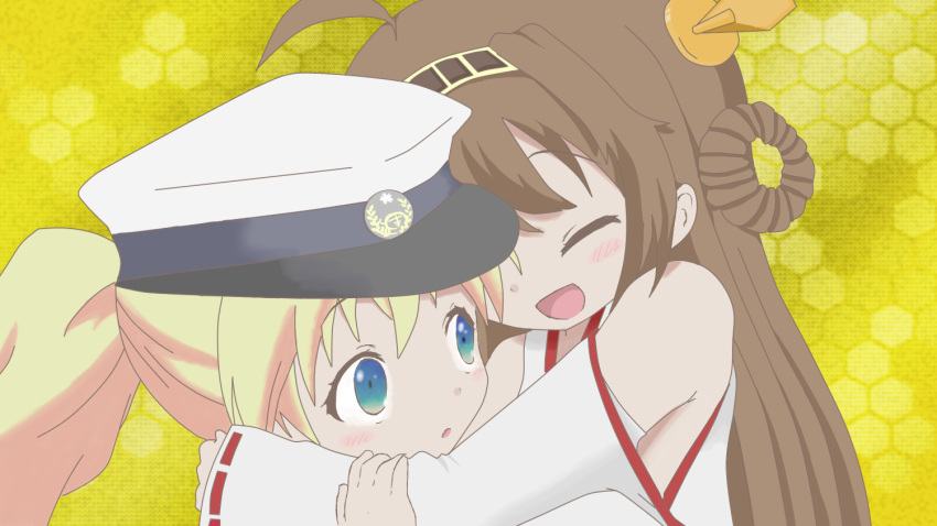 2girls ahoge alice_carteret bare_shoulders blonde_hair blue_eyes brown_hair closed_eyes derivative_work detached_sleeves double_bun hair_ornament hairband hat headgear hex_grid hug japanese_clothes kantai_collection kin'iro_mosaic kongou_(kantai_collection) kujou_karen long_hair miko military military_uniform multiple_girls nontraditional_miko open_mouth parody personification seiyuu_connection sleeves_past_wrists smile torofuwa_kuzu twintails uniform