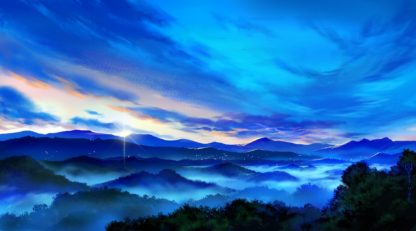 blue clouds fog landscape mountain mugon nature no_humans original scenery signature sky