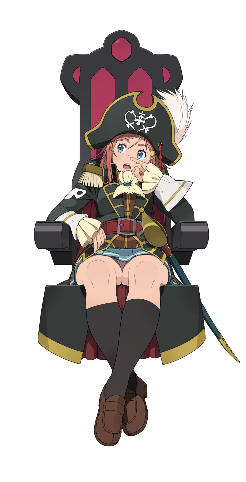 1girl absurdres belt black_legwear blue_eyes cravat epaulettes go_robots hair_ornament hairclip hat hat_feather highres katou_marika kneehighs loafers looking_away miniskirt_pirates nose_picking open_mouth panties pantyshot pink_hair pinky_out pirate pirate_hat pleated_skirt saber_(weapon) shoes simple_background sitting skirt skull_and_crossbones solo sword underwear upskirt weapon white_background