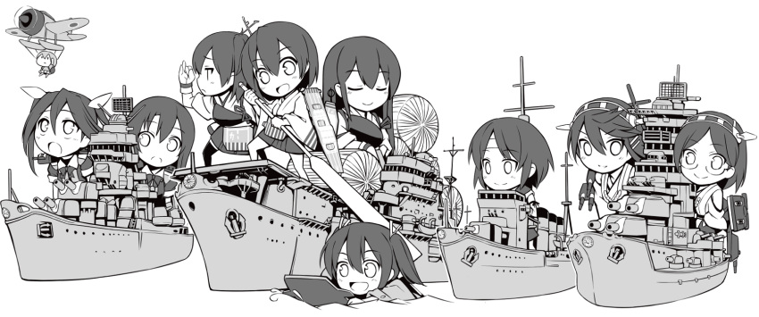 6+girls airplane akagi_(kantai_collection) bare_shoulders chikuma_(kantai_collection) detached_sleeves fairy_(kantai_collection) glasses hairband haruna_(kantai_collection) highres hiryuu_(kantai_collection) japanese_clothes kaga_(kantai_collection) kantai_collection kirishima_(kantai_collection) long_hair monochrome multiple_girls natori_(kantai_collection) personification pleated_skirt shishigami_(sunagimo) short_hair side_ponytail skirt souryuu_(kantai_collection) swimming tone_(kantai_collection) twintails