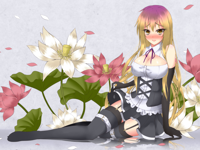 1girl adapted_costume bare_shoulders black_gloves black_legwear blonde_hair blush breasts cleavage corset elbow_gloves flower garter_straps gloves gmot gradient_hair highres hijiri_byakuren large_breasts long_hair looking_at_viewer multicolored_hair open_mouth petals purple_hair reflective_floor shirt sitting skirt skirt_lift sleeveless sleeveless_shirt smile solo thighhighs touhou very_long_hair yellow_eyes zettai_ryouiki