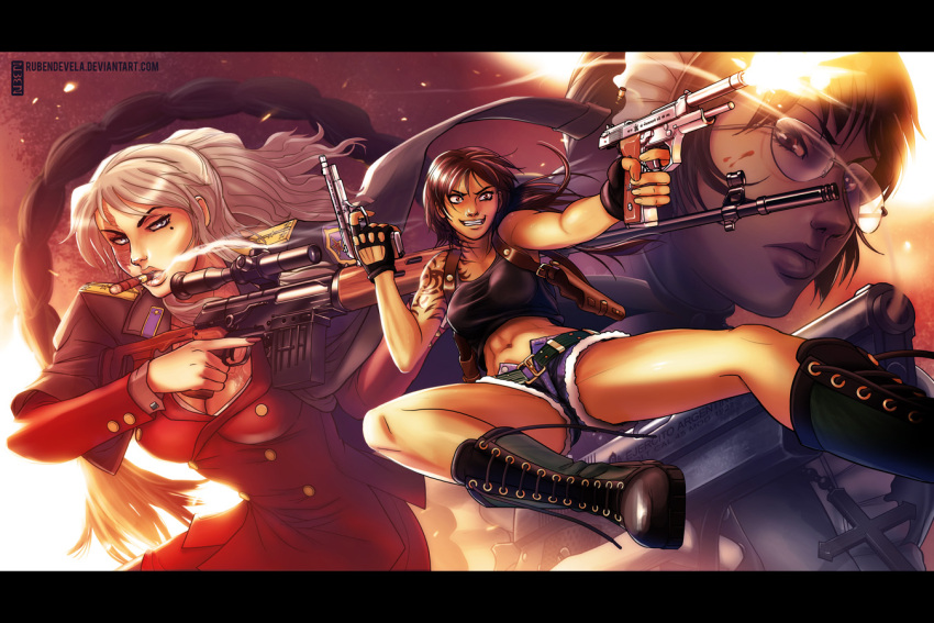 3girls balalaika black_hair black_lagoon blood blood_splatter blue_eyes boots breasts brown_eyes brown_hair cigar cleavage coat_on_shoulders cross cross_necklace cutoffs denim denim_shorts dual_wielding epaulettes fingerless_gloves fire formal glasses gloves grin gun holster letterboxed long_hair maid_headdress midriff mole multiple_girls nail_polish navel ponytail revy rifle roberta ruben_de_vela scar shorts silver_hair smile smoke smoking smoking_gun sniper_rifle suit tank_top tattoo watermark weapon web_address