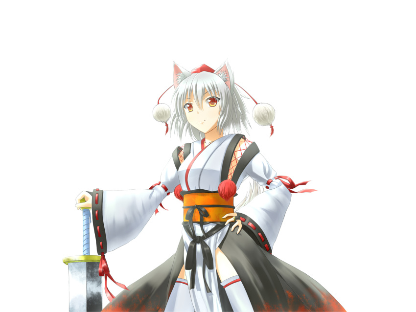 1girl animal_ears breasts bridal_gauntlets detached_sleeves hand_on_hilt hand_on_hip hat highres inubashiri_momiji japanese_clothes light_smile looking_at_viewer noronosuke obi open_skirt pom_pom_(clothes) short_hair sideboob simple_background solo sword thighhighs tokin_hat touhou weapon white_background white_hair wide_sleeves wolf_ears yellow_eyes
