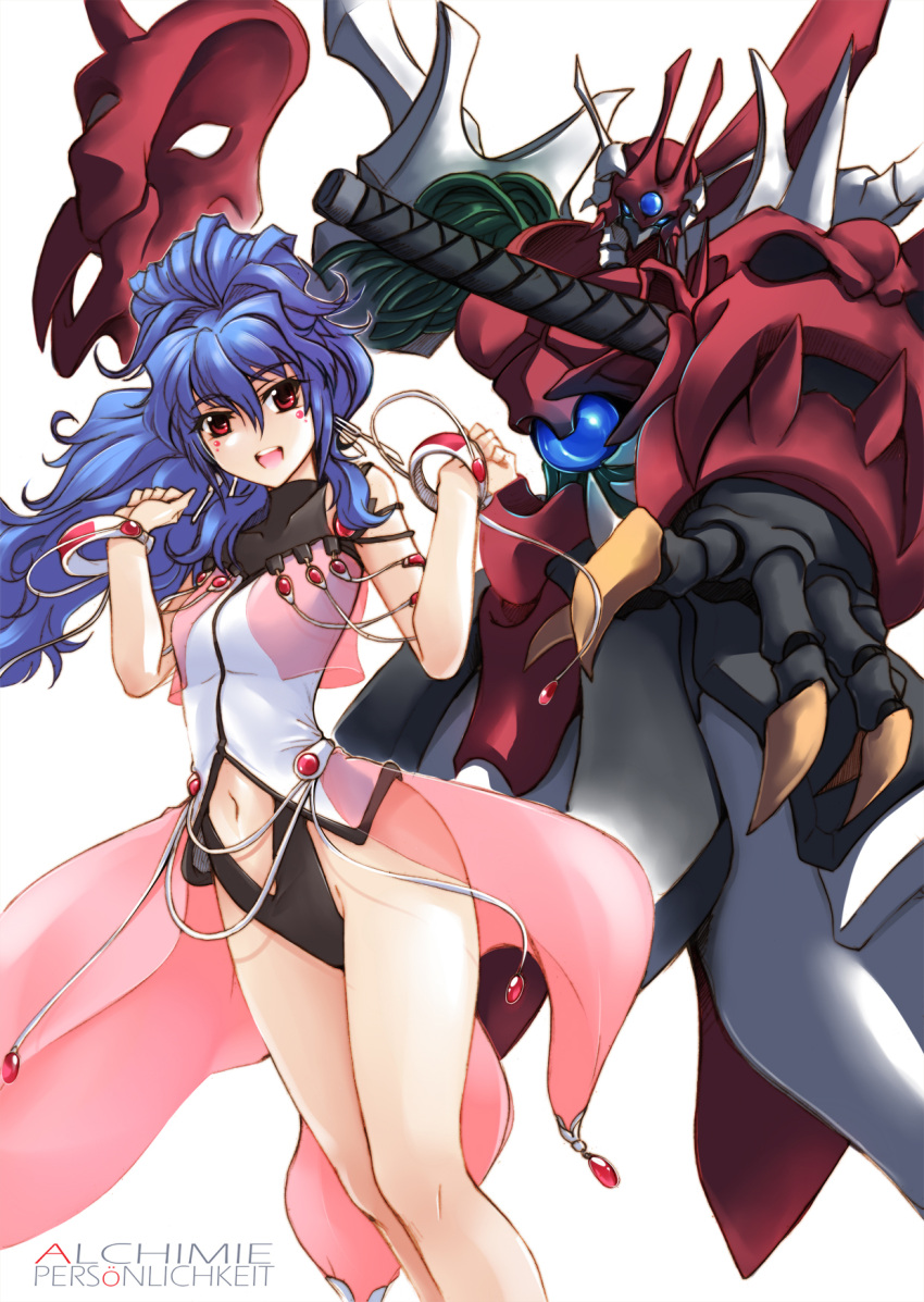 1girl :d alfimi blue_hair bracelet character_name claws earrings facial_mark haganef highres jewelry katana long_hair mask mecha midriff navel open_mouth persoenlichkeit red_eyes see-through simple_background skirt smile super_robot_wars super_robot_wars_original_generation sword weapon white_background