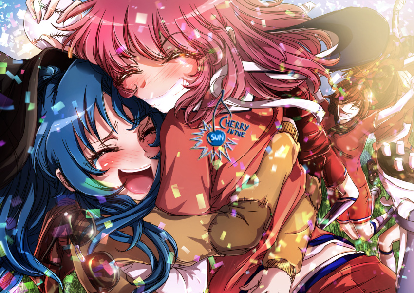 2girls blue_hair cherryinthesun closed_eyes highres hug kawashima_ami kushieda_minori long_hair multiple_girls pink_hair toradora!