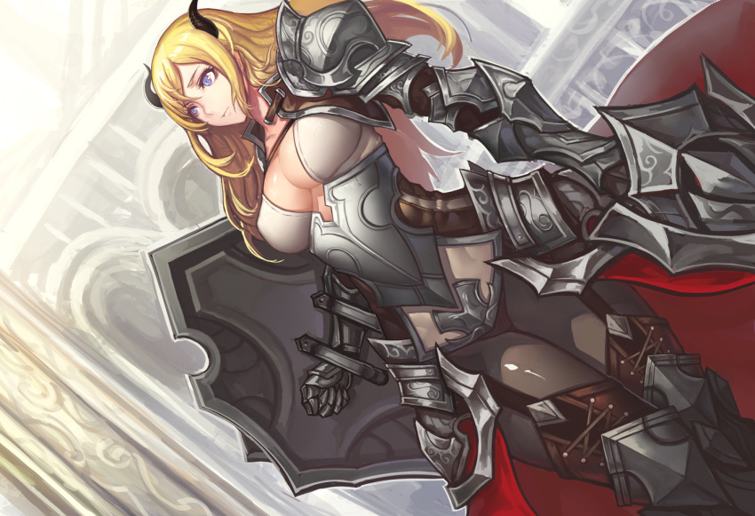 1girl armor blonde_hair breasts evan_yang horns long_hair original pantyhose shield solo sword violet_eyes weapon