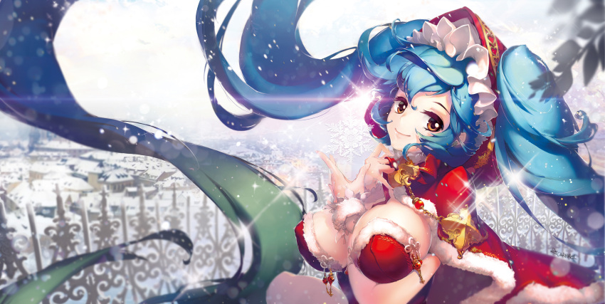 1girl absurdly_long_hair aqua_hair between_breasts blue_n breasts building cape fence highres hood jewelry large_breasts league_of_legends long_hair looking_at_viewer santa_costume smile solo sona_buvelle town twintails very_long_hair yellow_eyes