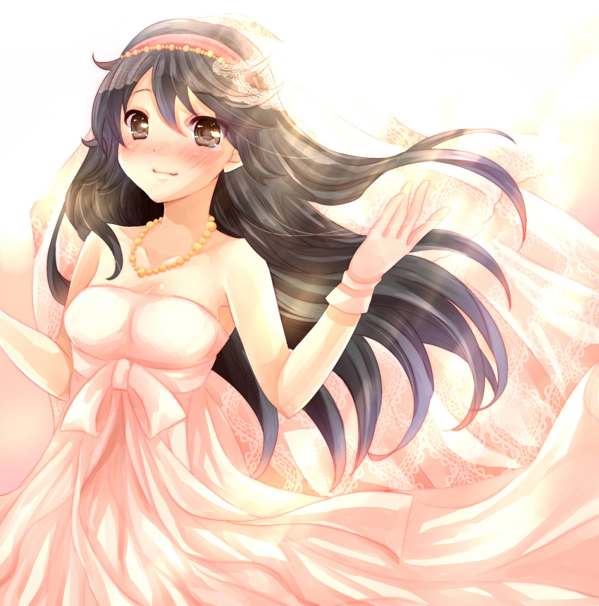 1girl ayasia black_hair bridal_veil bride dress gloves hairband haruna_(kantai_collection) highres jewelry kantai_collection long_hair necklace personification smile solo veil wedding_dress