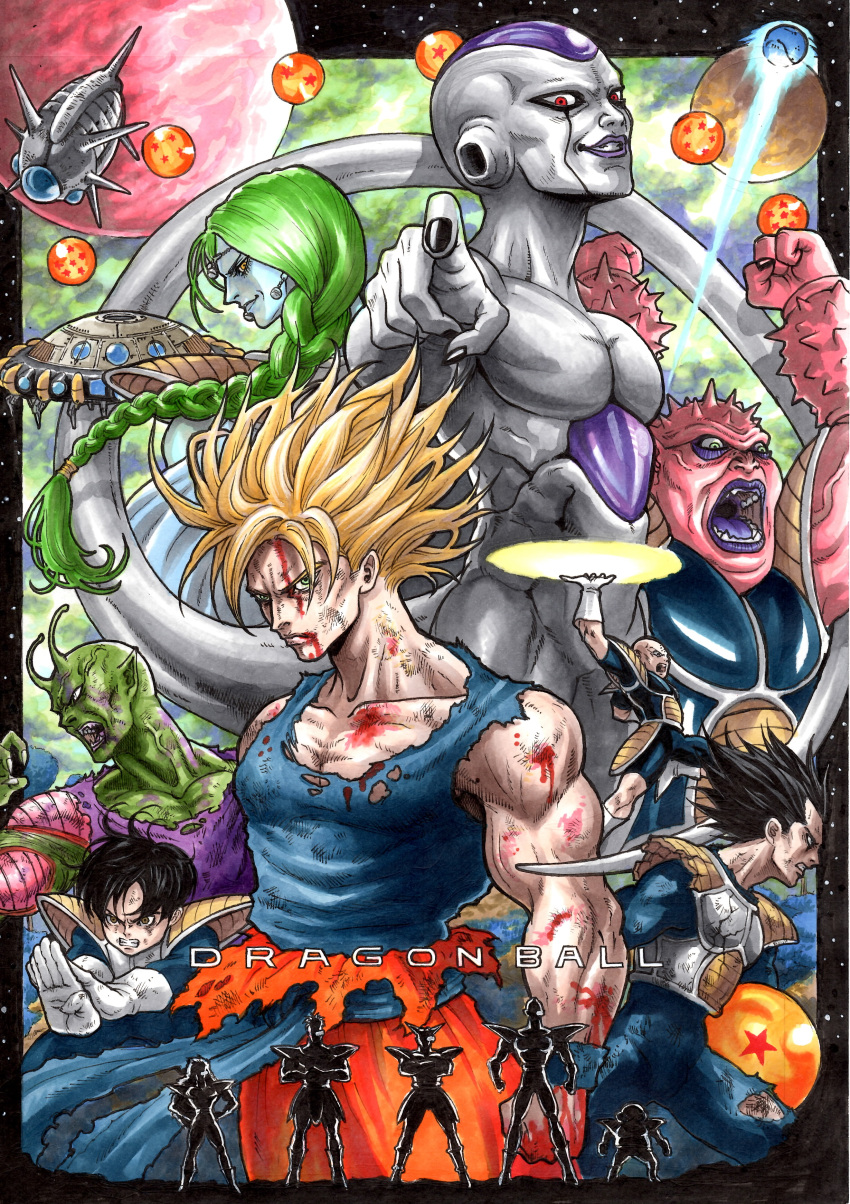 6+boys absurdres alien antennae armor attack bald battle black_hair black_nails blonde_hair blood blood_in_mouth blood_on_face blue_skin brown_eyes burter cape captain_ginyu clenched_teeth copyright_name crossed_arms destructo_disk dodoria dragon_ball dragon_ball_(object) dragon_ball_z earrings fingernails frieza ginyu_force gloves green_eyes green_hair green_skin guldo hands_on_hips highres horns jeice jewelry kuririn long_hair marlboro_(artist) multiple_boys muscle namek piccolo pink_skin pointing pointing_at_viewer pointy_ears ponytail purple_blood recoome red_eyes sash scouter sharp_fingernails silhouette smile son_gohan son_gokuu space_craft spike super_saiyan tail torn_clothes torn_pants torn_shirt vegeta veins white_skin wristband yellow_eyes zarbon