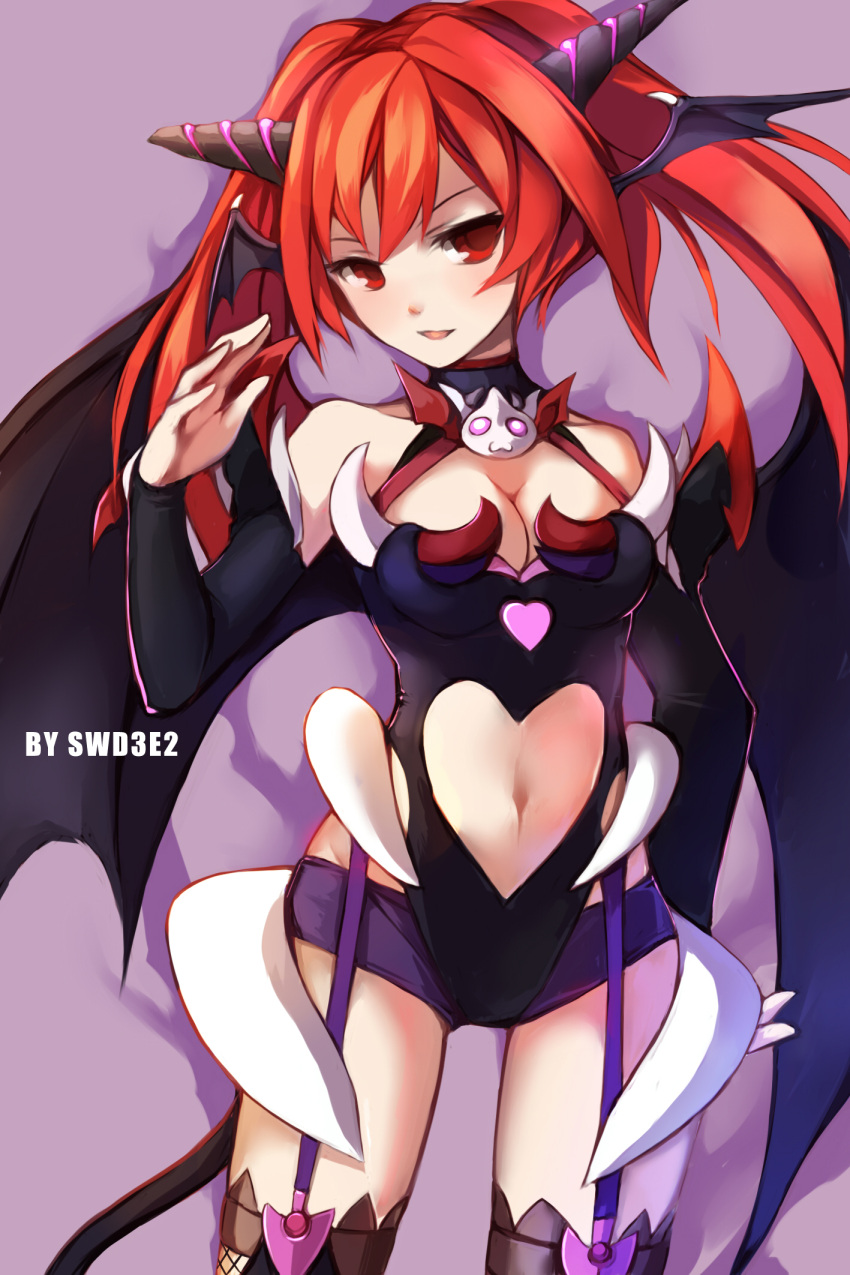 1girl artist_name bat_wings breasts character_request cleavage elsword head_wings heart heart_cutout highres horns long_hair navel purple_background red_eyes redhead short_shorts shorts smile solo swd3e2 thigh_strap thighhighs twintails wings