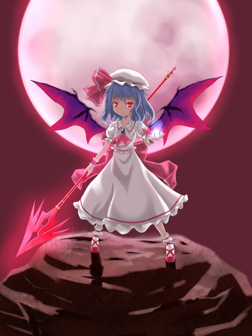 1girl ankle_socks ascot bat_wings blue_hair bow brooch clenched_teeth collarbone cross-laced_footwear energy_ball fang fingernails full_moon glowing hat hat_ribbon highres jewelry long_fingernails looking_at_viewer mob_cap moon nail_polish noronosuke raised_hand red_background red_eyes red_moon remilia_scarlet ribbon rock shadow sharp_fingernails short_hair simple_background skirt skirt_set solo spear_the_gungnir touhou wings