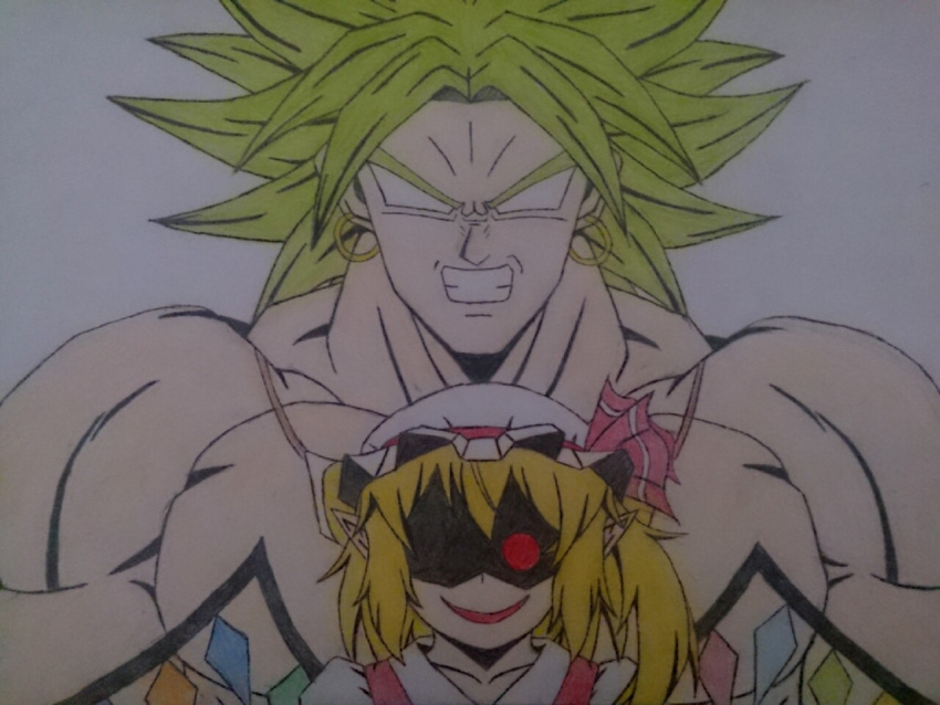 1boy 1girl blonde_hair broly clenched_teeth crystal dragon_ball dragon_ball_z earrings evil_smile flandre_scarlet hat jewelry muscle pointy_ears puffy_sleeves red_eyes ribbon side_ponytail smile spiky_hair super_saiyan touhou vampire wings