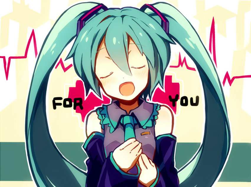 1girl aqua_hair closed_eyes detached_sleeves hatsune_miku k.ei long_hair necktie open_mouth smile solo twintails vocaloid