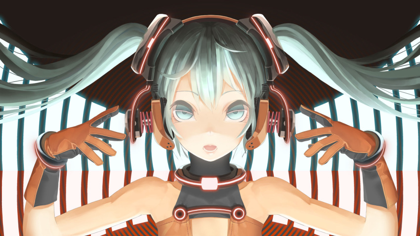 1girl floating_hair gloves green_eyes green_hair hatsune_miku headphones highres long_hair open_mouth solo throtem twintails vocaloid