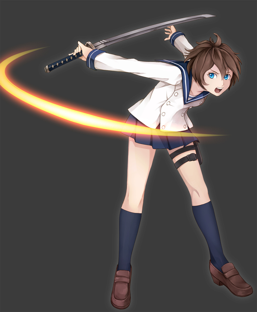 1girl blue_eyes brown_hair ga-rei ga-rei_zero highres katana school_uniform serafuku short_hair skirt solo sword tsuchimiya_kagura weapon