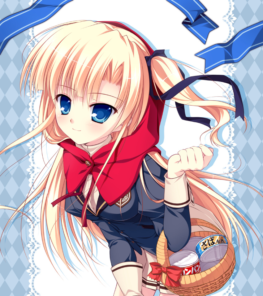 1girl basket blonde_hair blue_eyes canned_food highres hood mikeou root_double_-before_crime_after_days- sannomiya_louise_yui school_uniform side_ponytail
