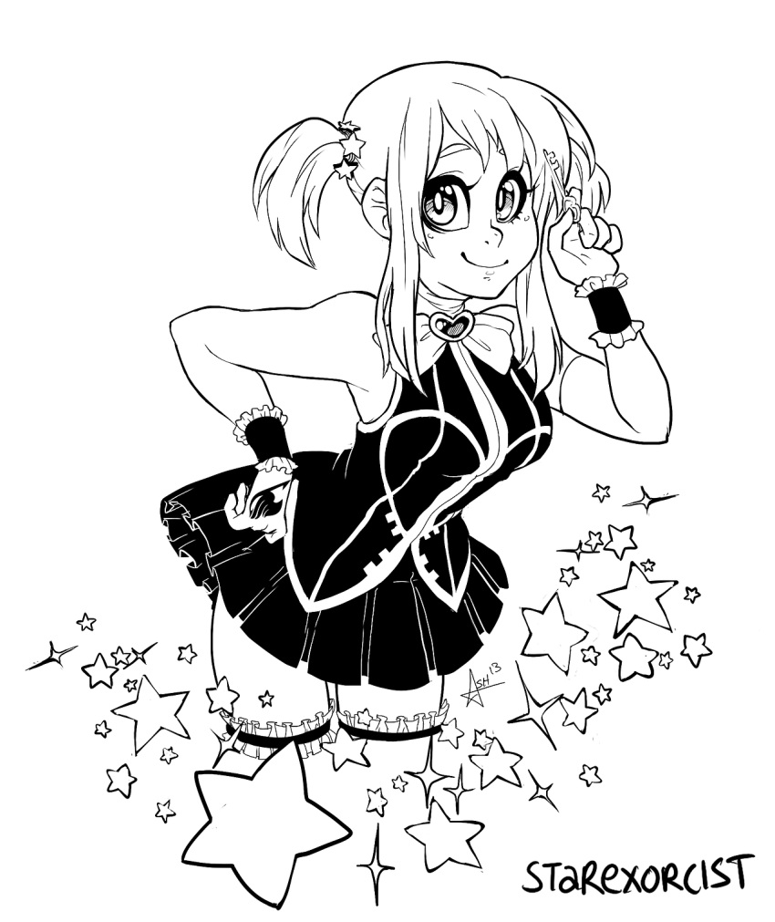 1girl ashley_ann_swaby fairy_tail garters highres monochrome payot scrunchie short_twintails skirt sleeveless smile solo star twintails wrist_cuffs