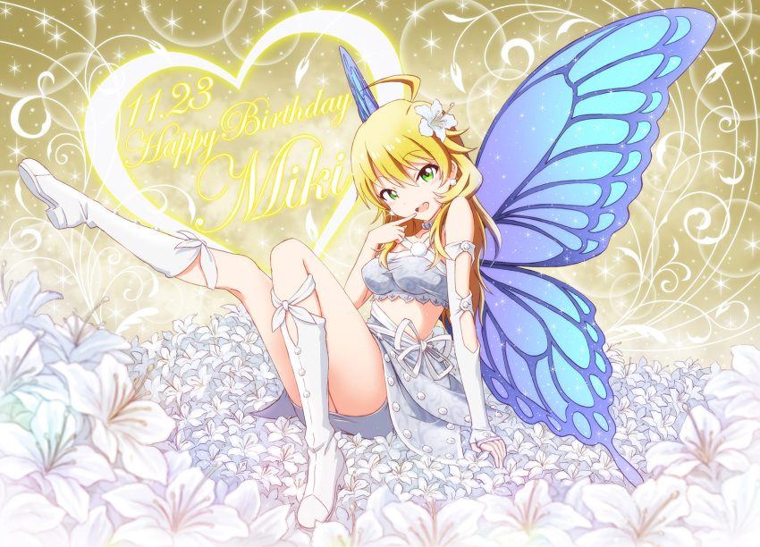 1girl ahoge blonde_hair boots butterfly_wings earrings flower green_eyes hair_flower hair_ornament highres hoshii_miki idolmaster jewelry long_hair open_mouth outsider_0 single_glove sitting skirt smile solo wings