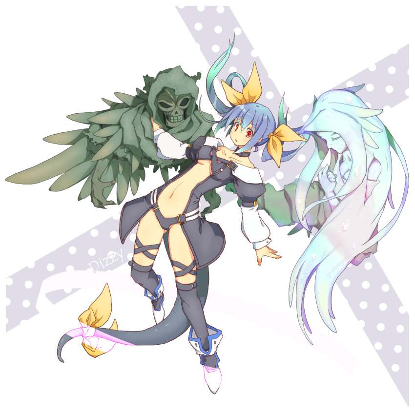 1girl ankle_boots asymmetrical_wings blue_hair boots breasts center_opening choker detached_sleeves dizzy feathered_wings guilty_gear hair_ribbon highres kneehighs long_hair long_sleeves navel necro puffy_long_sleeves puffy_sleeves red_eyes ribbon skull sorairo_usagi tail tail_ribbon undine_(guilty_gear) wings