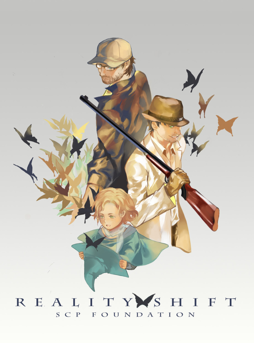 1girl 2boys alto_clef artist_request back-to-back baseball_cap beard blonde_hair brown_hair butterfly copyright_name english facial_hair glasses gradient gradient_background gray-witch_hai_miko green_eyes gun hat hat_removed headwear_removed highres kondraki labcoat multiple_boys mustache open_mouth parted_lips scp-239 scp-408 scp_foundation short_hair smile tagme weapon witch_hat