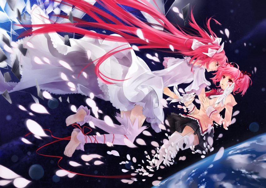 barefoot bow dissolving dissolving_clothes dress dual_persona eye_contact gloves goddess_madoka hair_bow hair_ribbon hand_on_another's_cheek hand_on_another's_face hands_together kaname_madoka long_hair looking_at_another magical_girl mahou_shoujo_madoka_magica pink_eyes pink_hair ribbon school_uniform skirt solo space spoilers tg twintails yellow_eyes