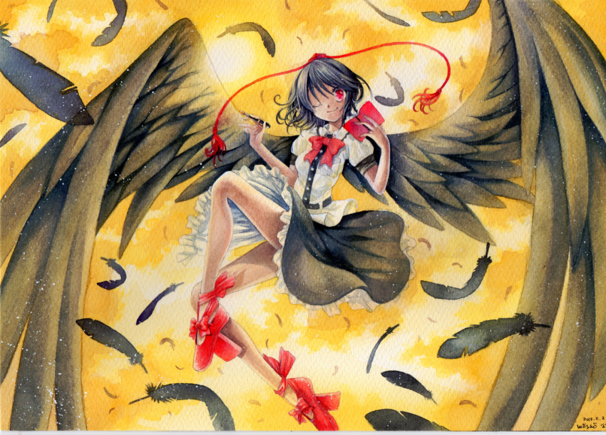 1girl artist_name black_hair bow dated feathered_wings feathers frilled_skirt frills geta hat japanese_clothes looking_at_viewer mosho notebook pen pencil_crayon_(medium) pom_pom_(clothes) puffy_sleeves red_eyes shameimaru_aya shirt short_hair short_sleeves skirt smile solo tengu-geta tokin_hat touhou traditional_clothes traditional_media water wings wink yellow_background